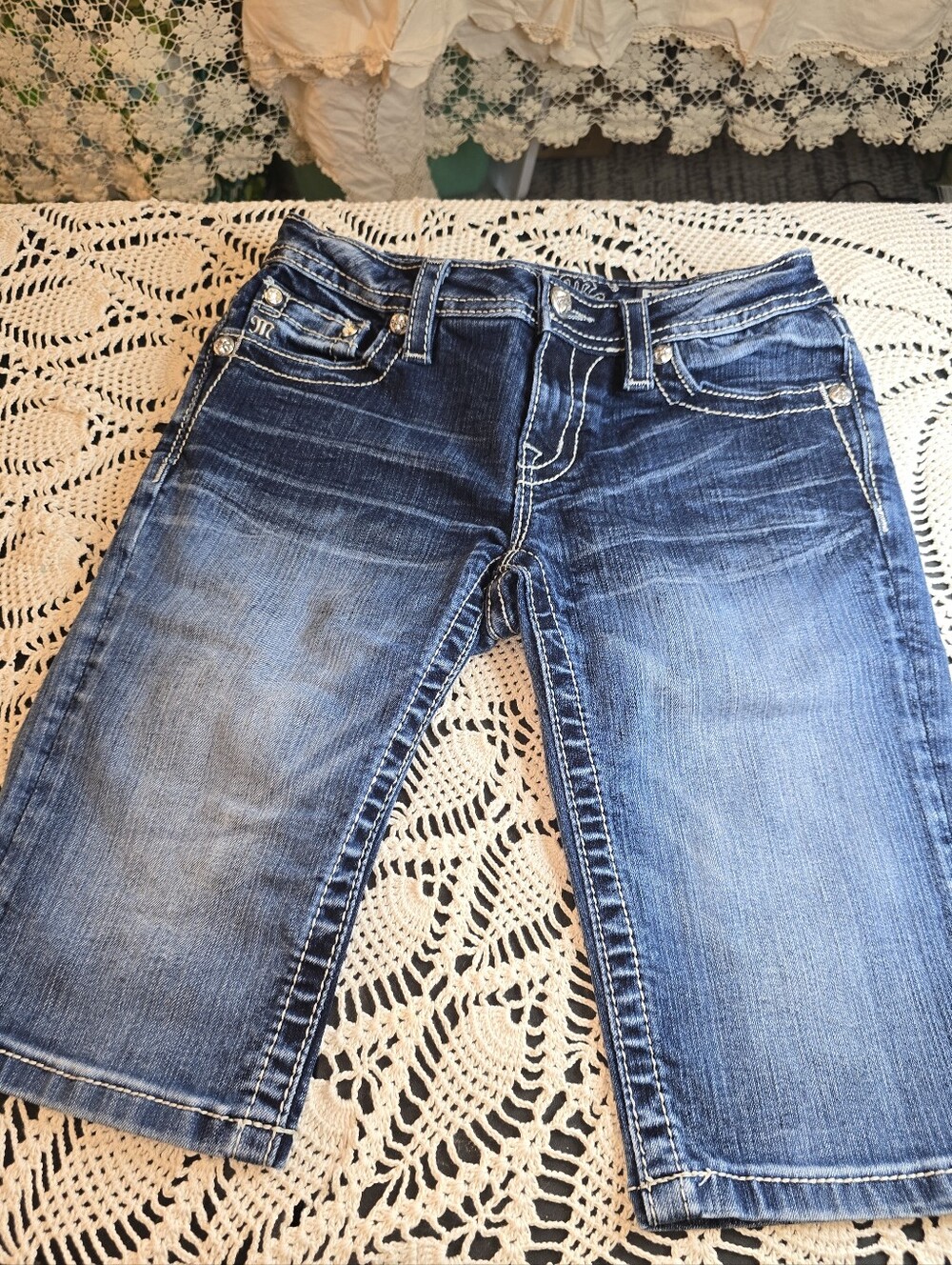 Miss Me Girls Embellished Denim Bermuda Shorts, Wing Pockets, Size 16